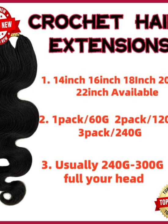 14 Inch Human Hair Extensions, Body Wave, Knotless Crochet, 120g